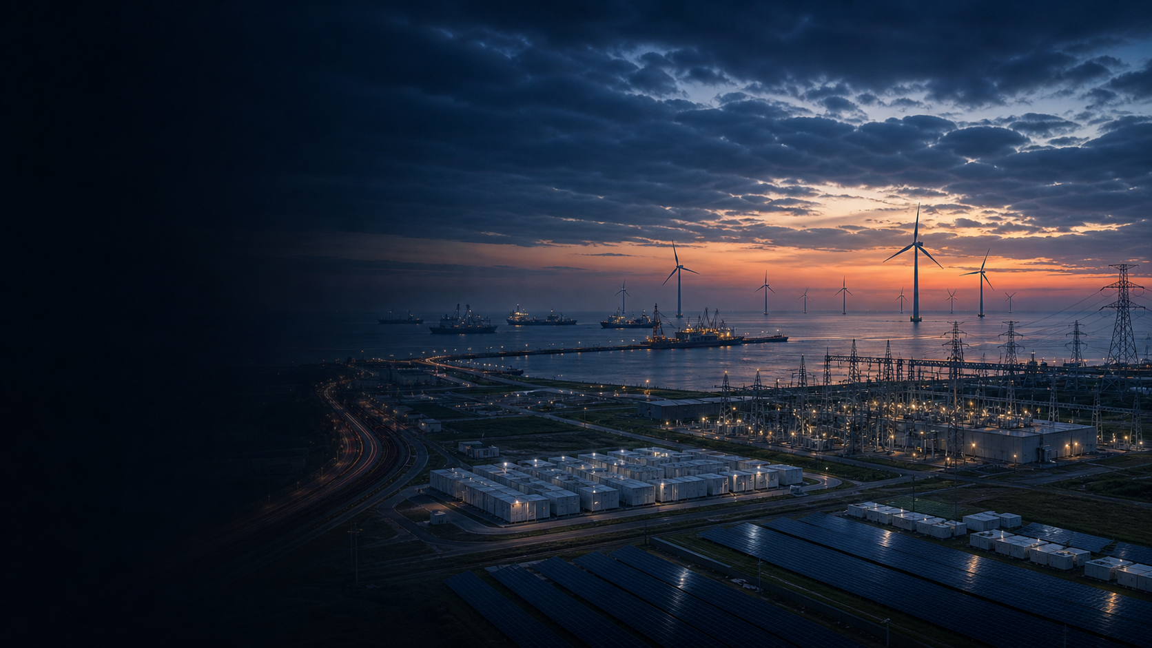 Renewables-led industrial operations landscape with offshore wind, grid, storage, solar, maritime, and infrastructure assets at night