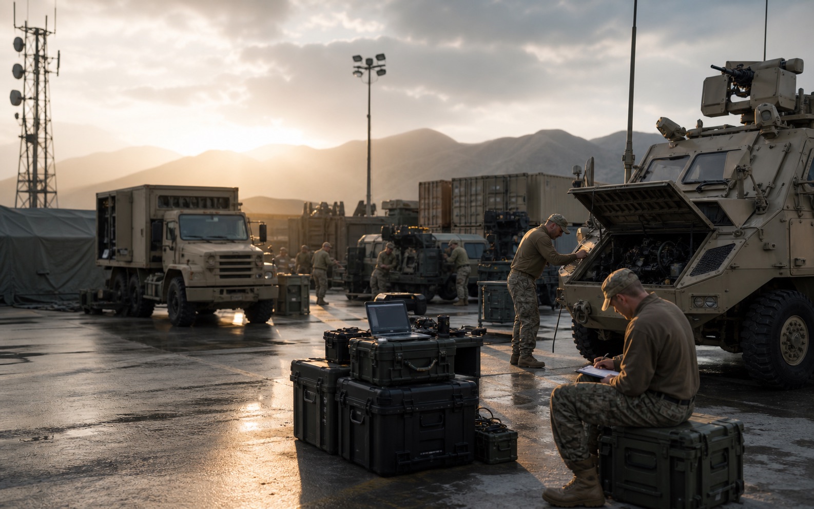 Defense support operations staging area with vehicles and logistics equipment