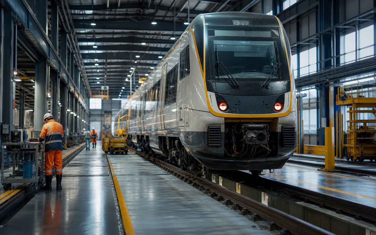 Rail maintenance depot with train and infrastructure equipment