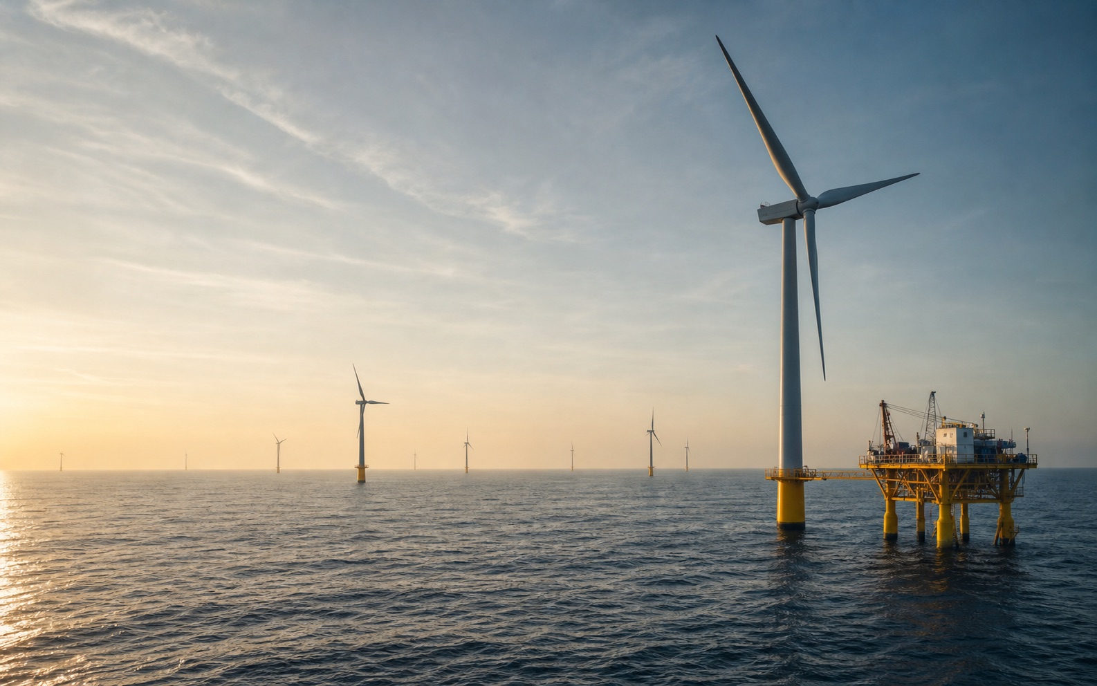 Offshore wind farm with service platform at sea